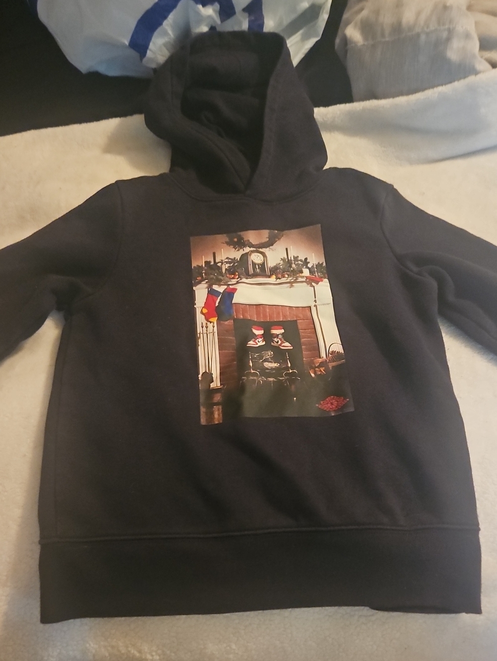 Jordan Black Kids Hoodie with Holiday Fireplace Graphic
